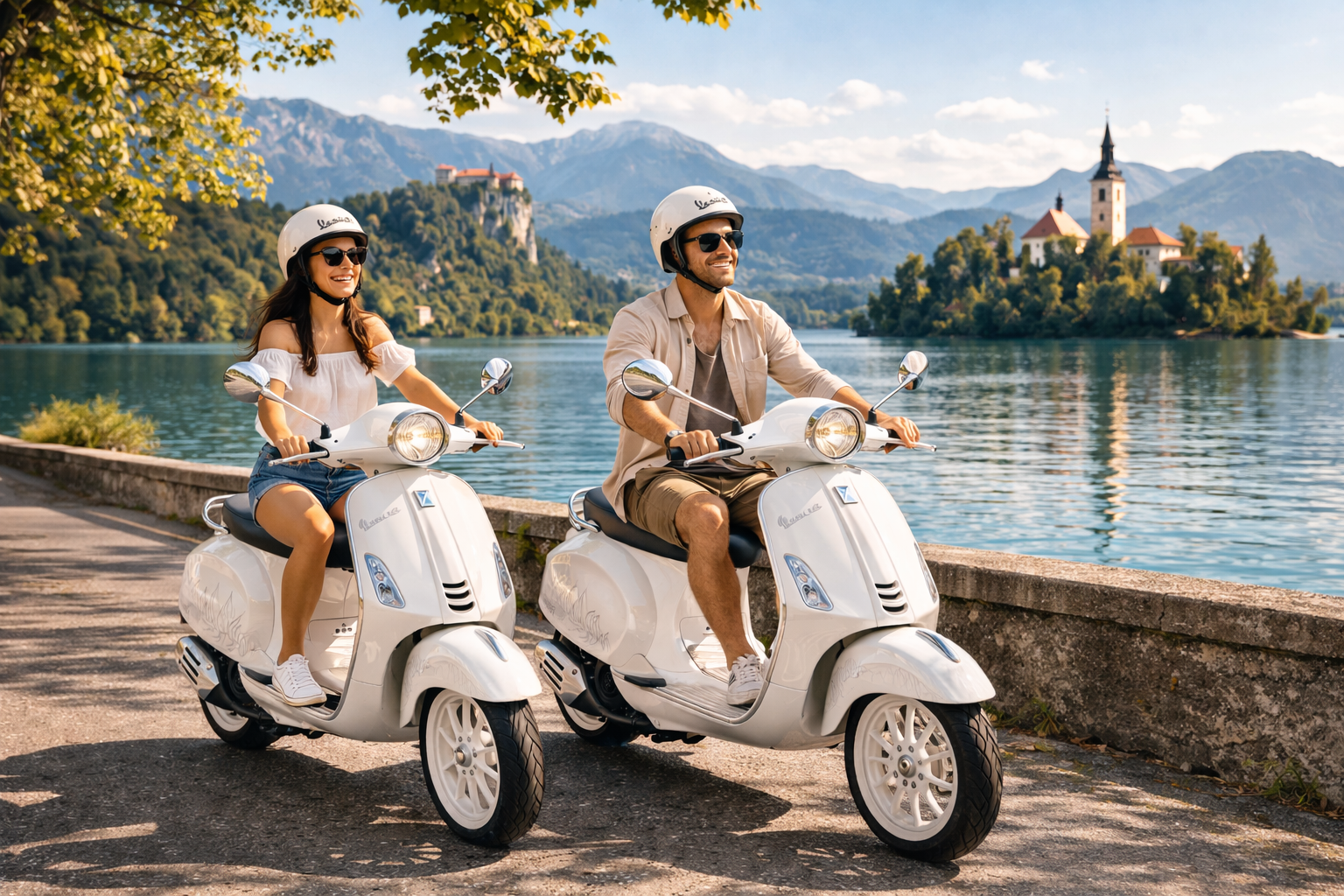 Paar auf einer Vespa in Bled