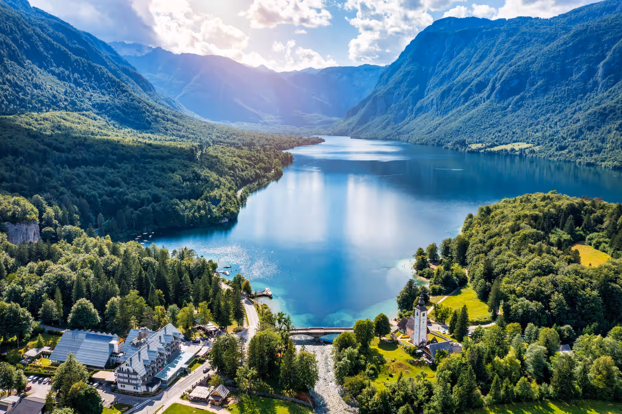 Wide view of Lake Bohinj inside Triglav National Park