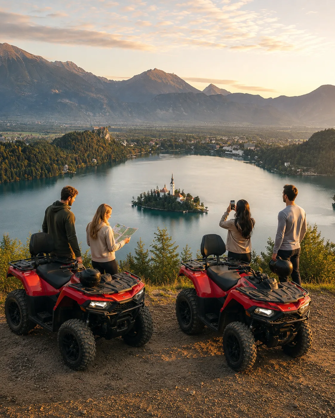 Huurquad geparkeerd met uitzicht op het meer van Bled