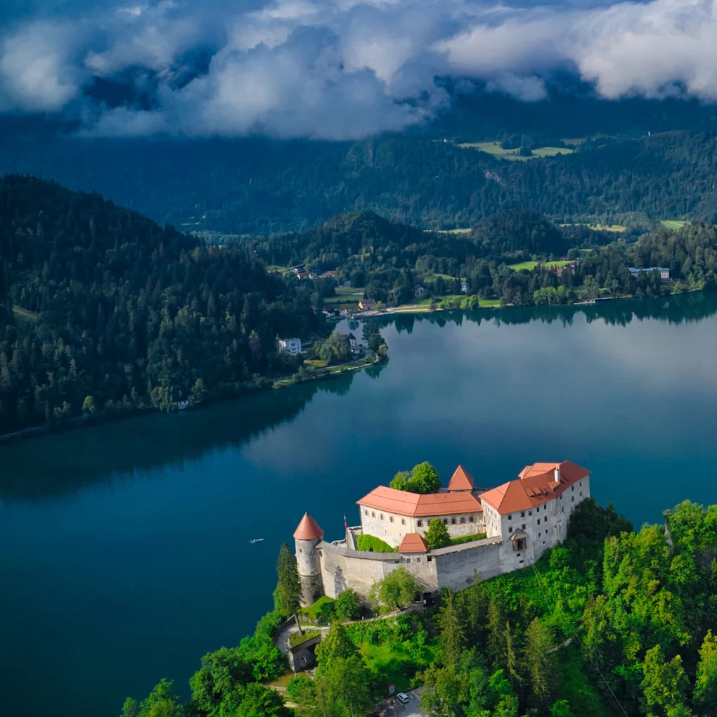 Aerial view of Bled Castle above Lake Bled
