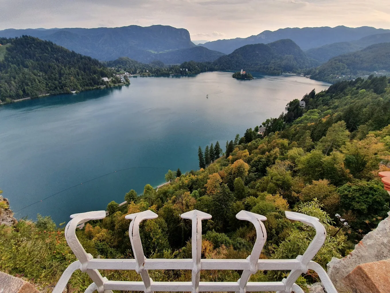Summer view over Lake Bled and the island from the castle terrace