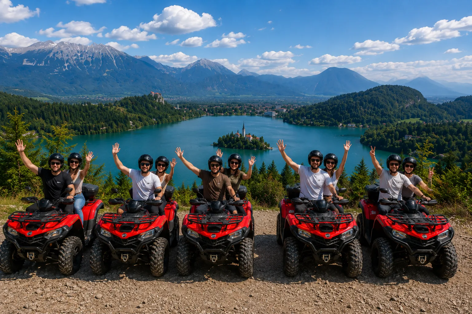 Group at a viewpoint above Lake Bled