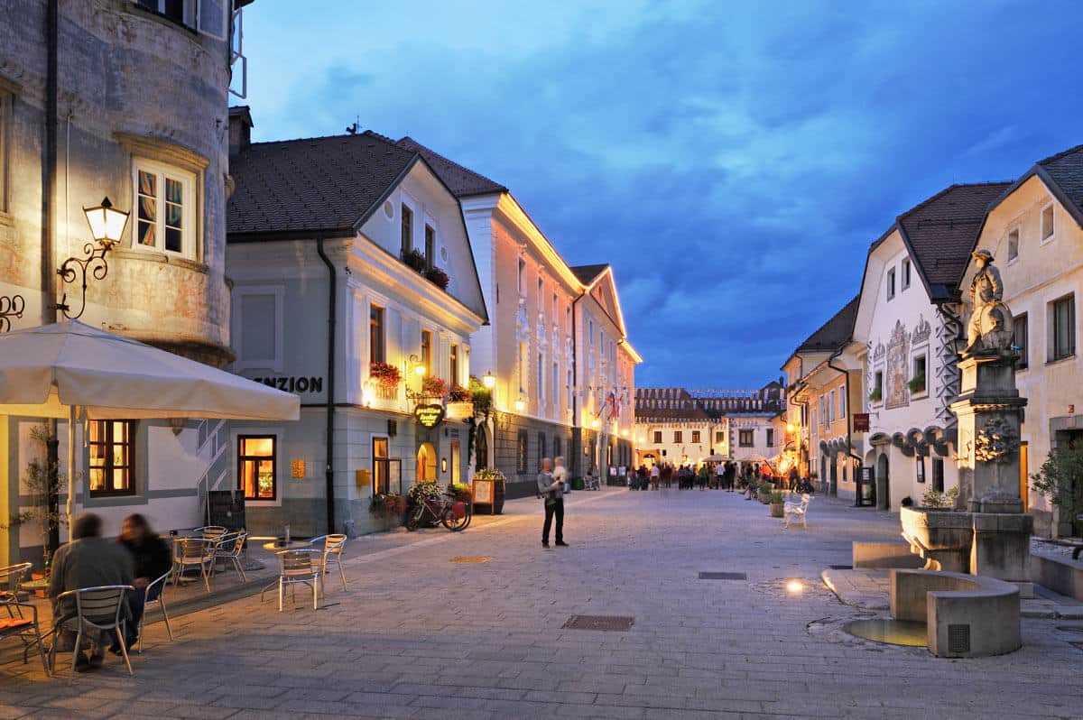 Colorful medieval old town square in Radovljica near Bled