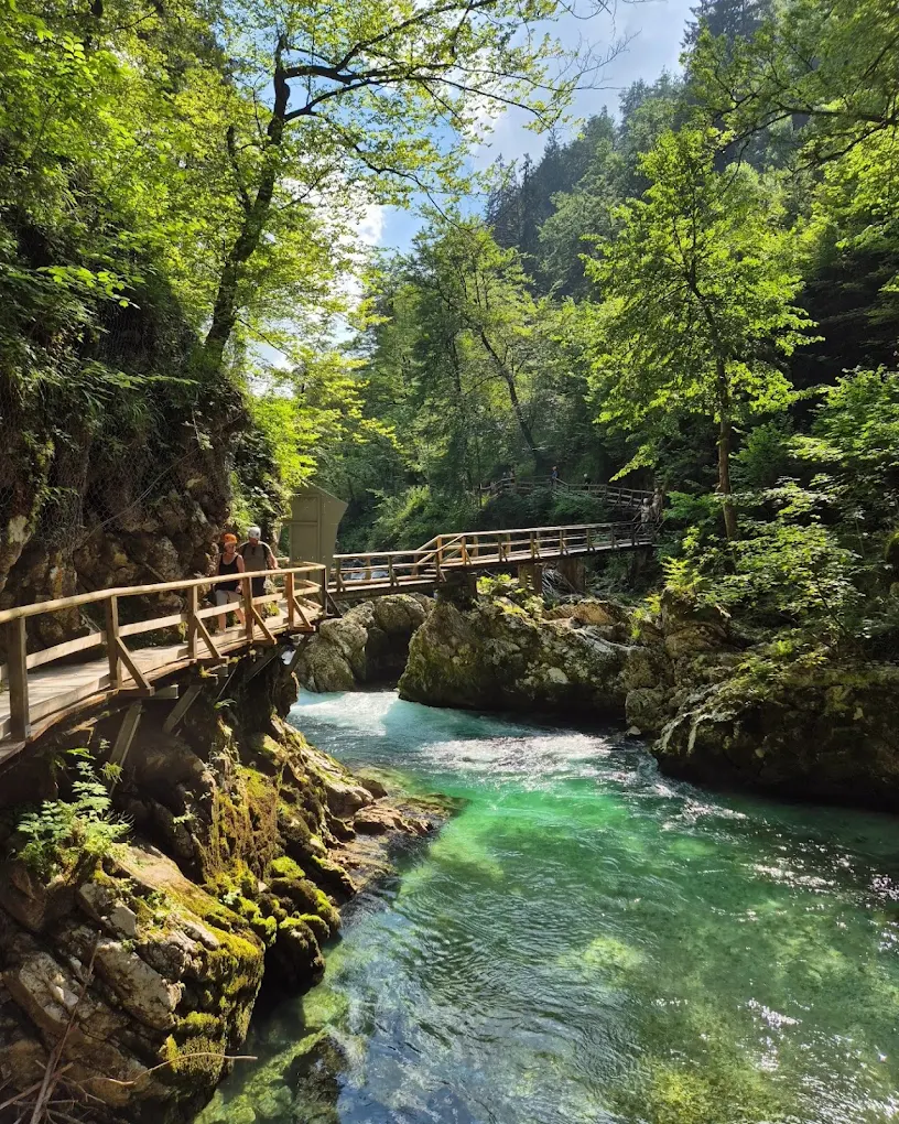 Wooden bridge crossing the Radovna river in Vintgar Gorge